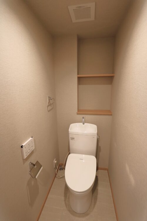 温水便座付きのトイレです。収納スペースもあります。